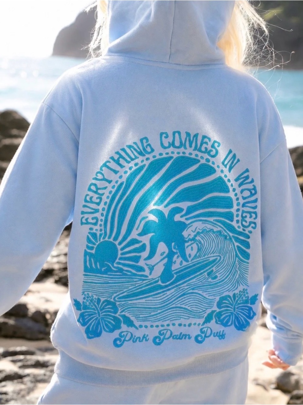 “Everything Comes in Waves” Hoodie in Blue